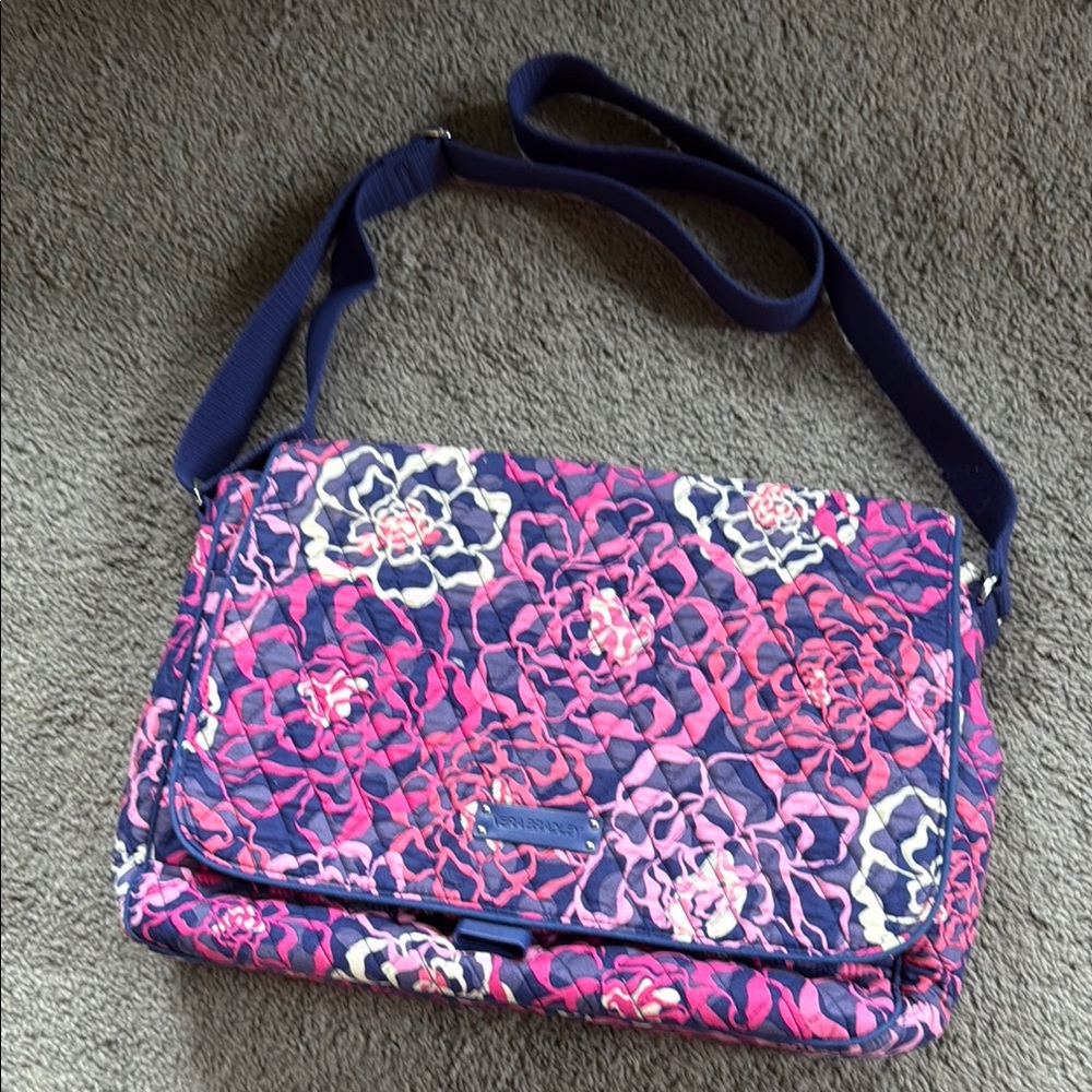 Vera Bradley Pink and Blue Crossbody Laptop Bag with Adjustable Strap